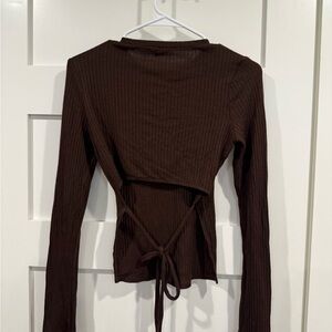 Reformation Ribbed Tie-Back Long Sleeve Top - Dark Brown